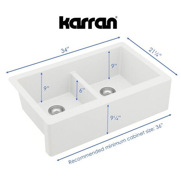 dimension image slide 1 of 2, Karran All in One Apron Front Quartz 34 in. Double Bowl 50/50 Kitchen Sink in White with Faucet KKF210 in Matte Black