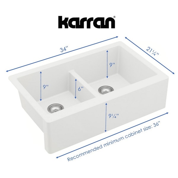 Karran All in One Apron Front Quartz 34 in. Double Bowl 50/50 Kitchen Sink in White with Faucet KKF220 in Stainless Steel