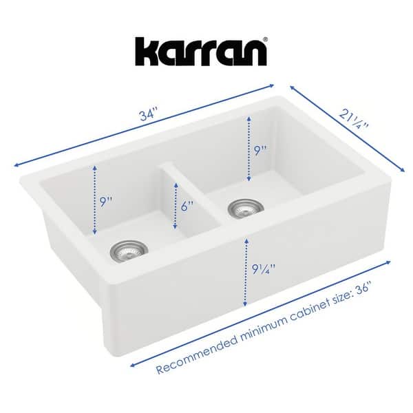 dimension image slide 1 of 2, Karran All in One Apron Front Quartz 34 in. Double Bowl 50/50 Kitchen Sink in White with Faucet KKF220 in Stainless Steel