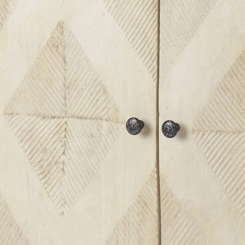 HomeRoots 36" Cream and Gray Solid Wood and Iron Carved Geometric Accent Cabinet With Two Doors