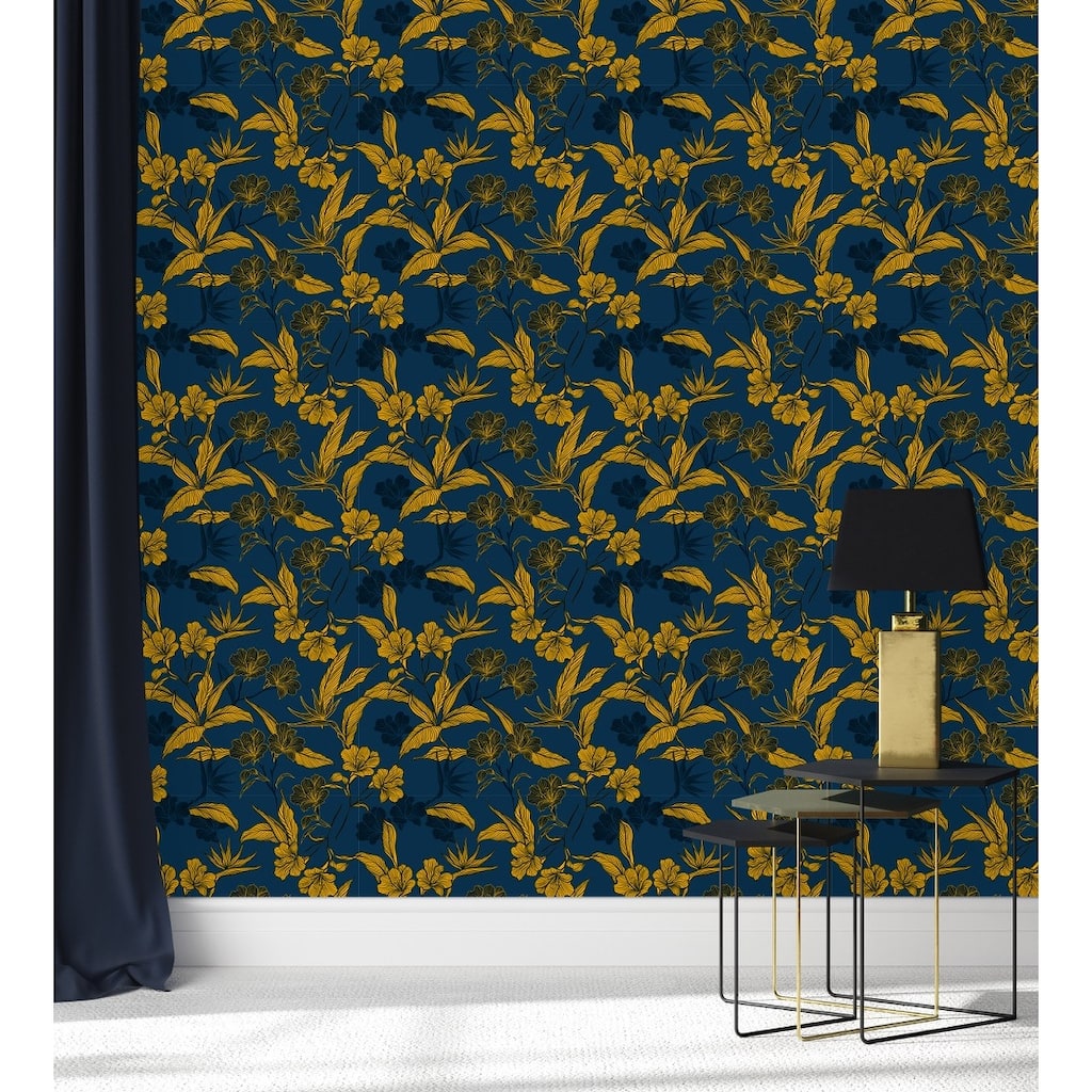 Dark Blue Wallpaper with Yellow Flowers