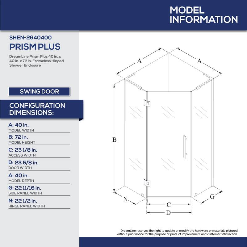 DreamLine Prism Plus 40 in. x 40 in. x 72 in. Frameless Hinged Shower Enclosure - 40" x 40"