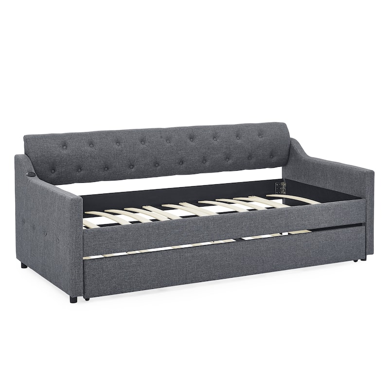 Dark Gray Twin Size Upholstery Daybed with Erectable Trundle and USB