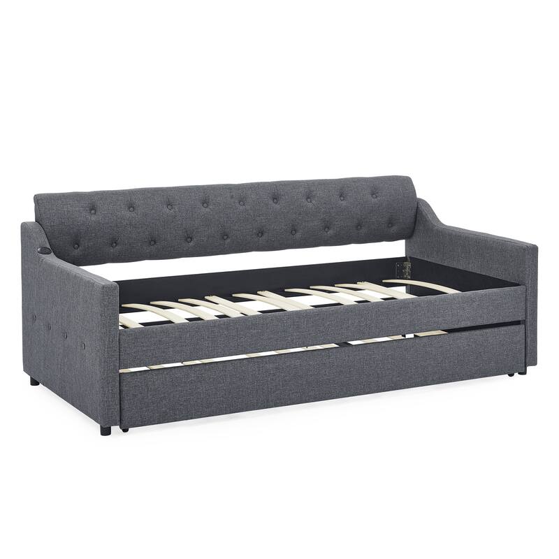 Twin Size Upholstery DayBed with Twin Size Erectable Trundle and USB Charging Design