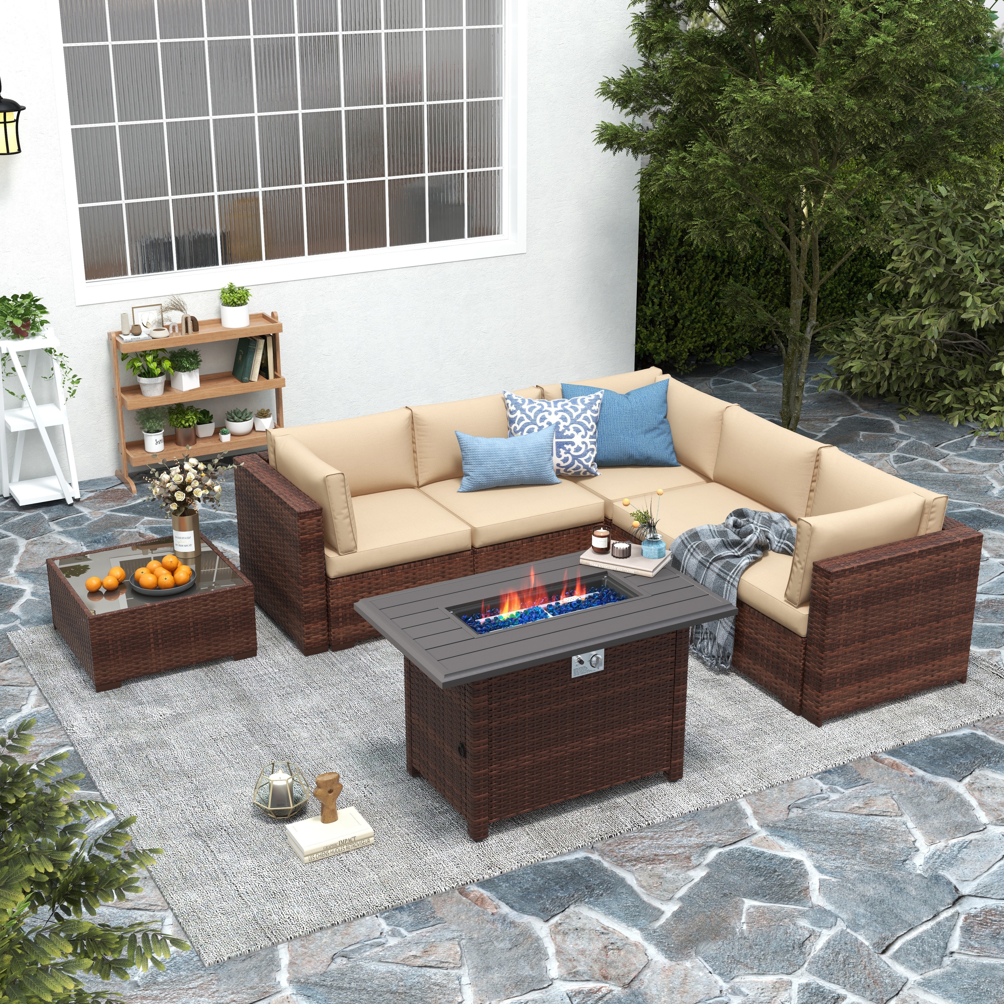 7 Piece Wicker Set Patio Sofa Furniture with Fire Pit And Table
