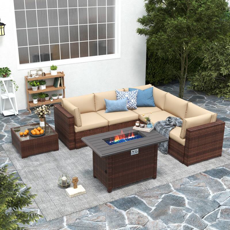 7 Piece Wicker Set Patio Sofa Furniture with Fire Pit And Table - Brown/Beige