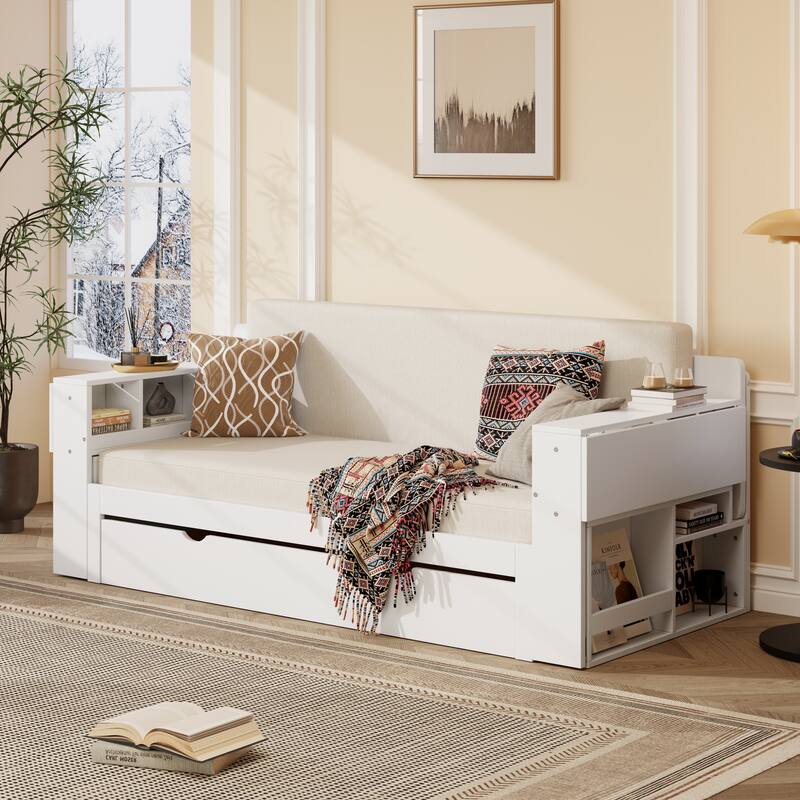 Multifunctional Sofa Bed Convertible Daybed with Removable Integrated Desk/Hydraulic Side Table/Storage Drawers for Small Spaces