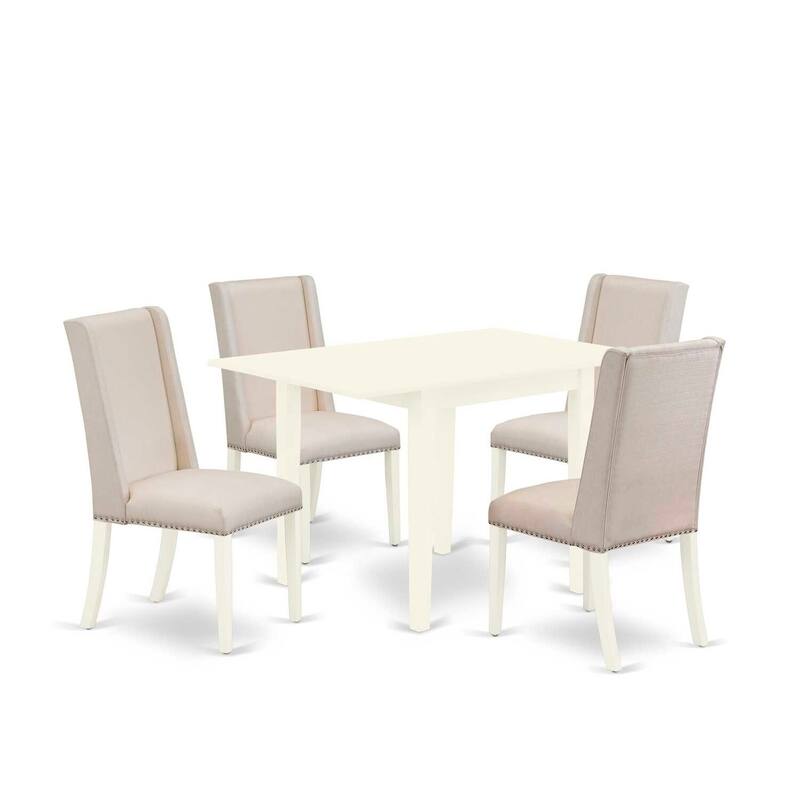 HomeStock 5-Piece Linen White Finish Solid Wood Top Dining Table with 4-Parson Chair with Drop Leaf