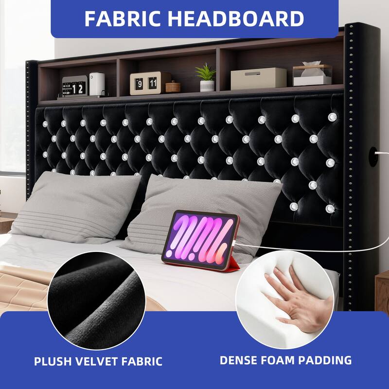 58" Tall Wingback Storage Headboard Bed Frame with USB Charging Stations and Deep Button Tufted