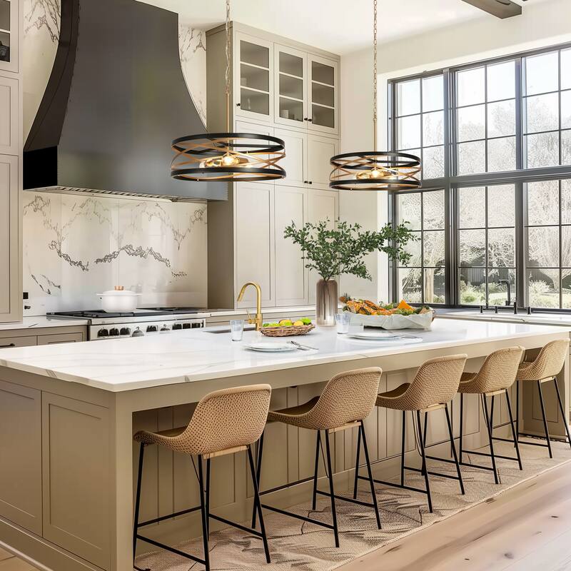 Dsmll Modern Farmhouse 3-Light Drum Chandelier Black Gold Kitchen Island Pendant - D 22" x H 79" Max