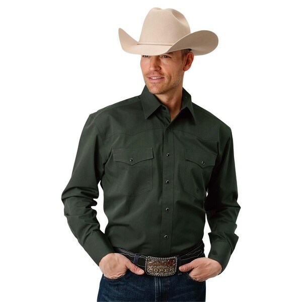 Roper Western Shirt Mens Solid L/S Snap Emb Olive - Overstock - 19519666