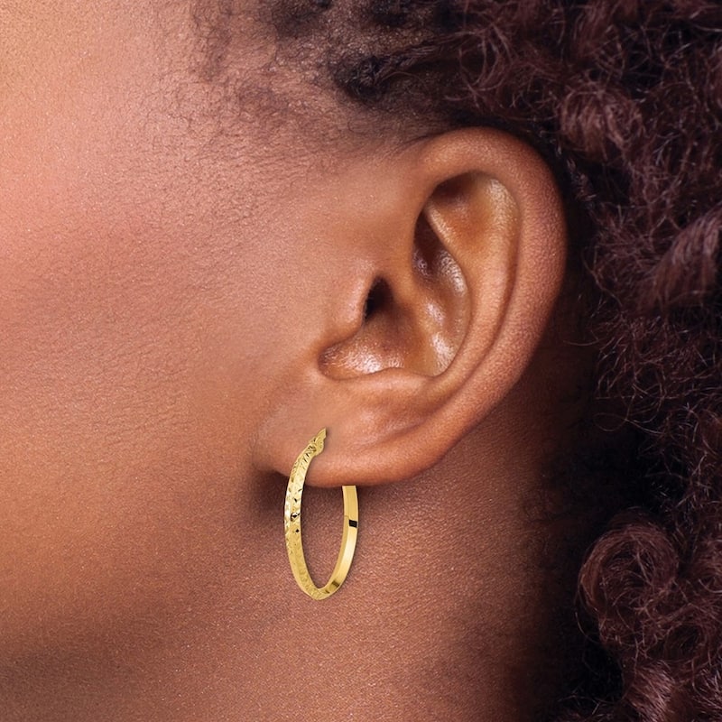 Curata 14k Yellow Gold 2.25mm Full Textured Knife Edge Hoop Earrings - 20mm or 24mm