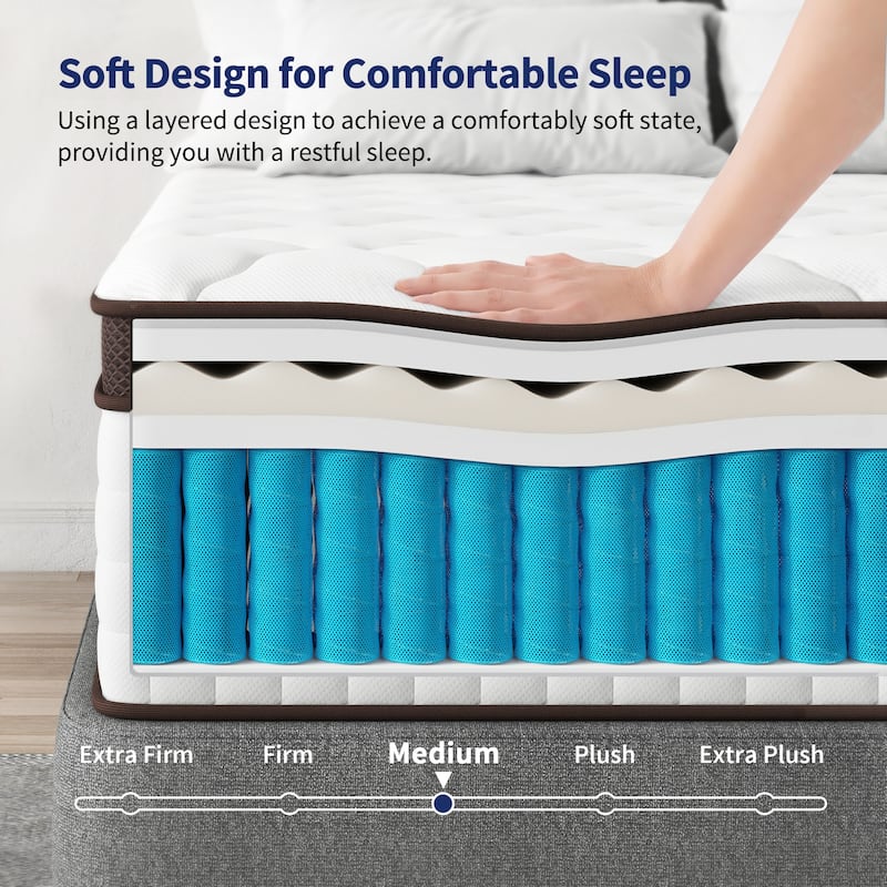 14" Hybrid Mattress - Bamboo Charcoal Gel Memory Foam & 5-Zone Pocket Coil Support, Medium Firm, 100-Night Trial