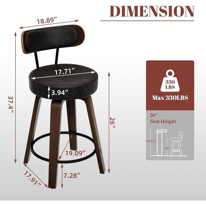 XINMICS 26 Inches Swivel Counter Height Bar Stools with Faux Leather Upholstered Pad Wood Back, Set of 2/3/4