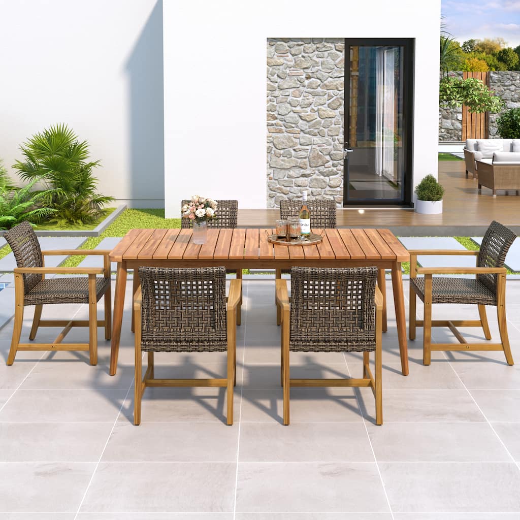 Roomfitters 7-Piece Outdoor Dining Set, Acacia Wood Patio Table and 6 Wicker Armchairs for Garden Backyard