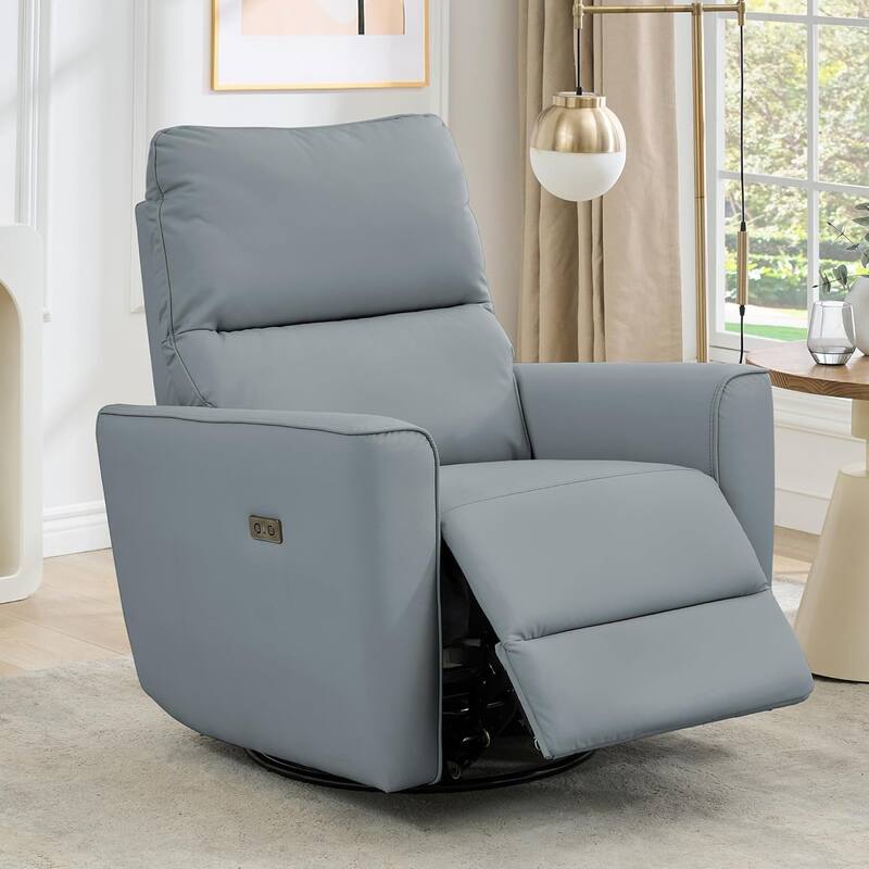 Power Recliner Swivel Chair Rockery Glider PU Leather Nursery Chair with USB Port - Grey