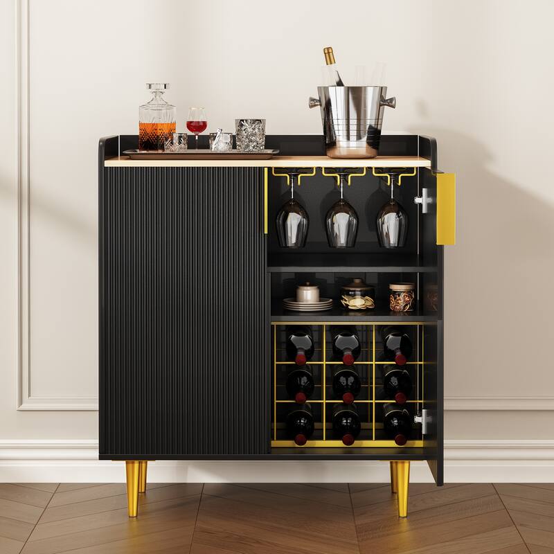 31.5" Fluted Bar Cabinet with Wine Rack & Glass Holder - Modern Black and Gold Coffee Bar, Kitchen Buffet with Storage Drawer