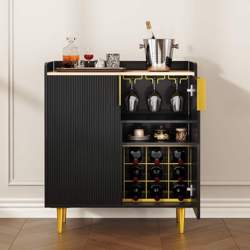 EROMMY Fluted Bar Cabinet with Wine Rack & Glass Holder, Modern Coffee Bar Sideboard with Drawer & Shelves, 31.5” Liquor Cabinet