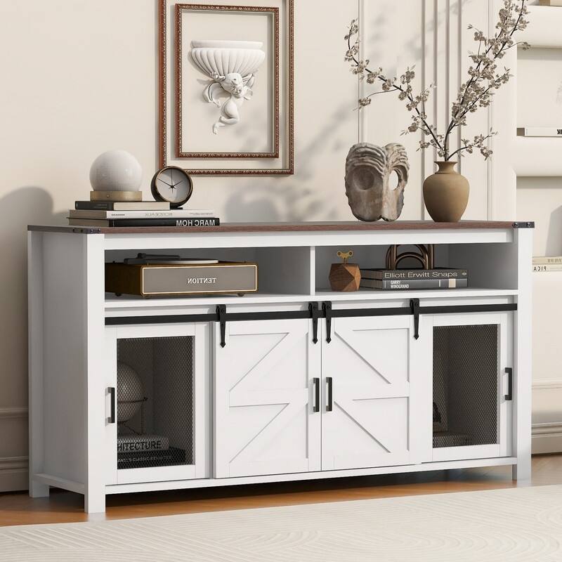 Farmhouse 59.3" Sideboard Buffet with Sliding Barn Doors and Open Storage for Living or Dining Spaces