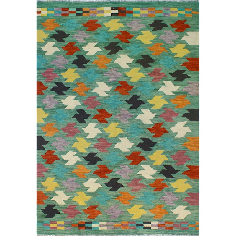 Modern Flatweave Elian Green/Ivory Rug - 6'9" x 9'10"