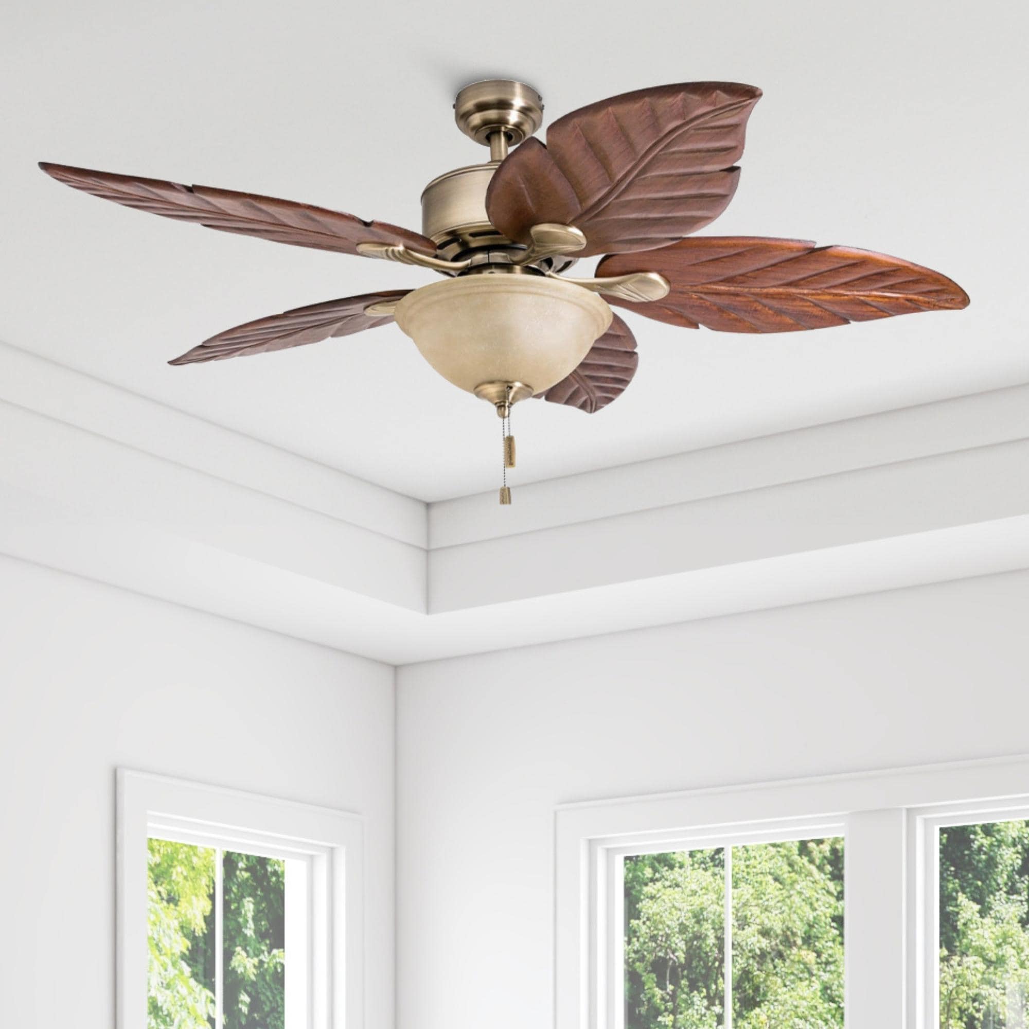 52" Honeywell Royal Palm Aged Brass LED Ceiling Fan with Light, Pull Chain
