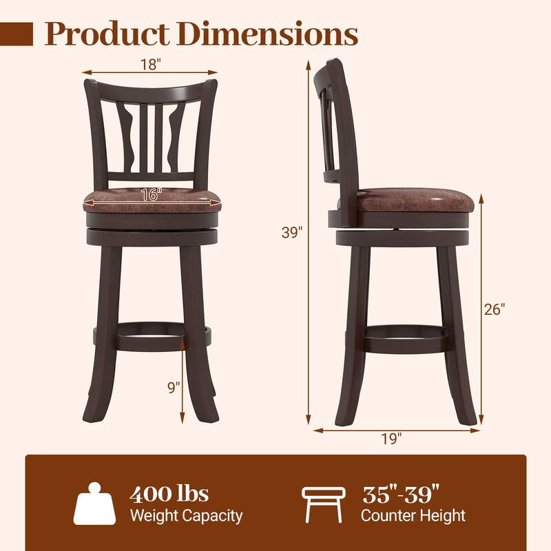 Gymax 26'' Counter Height Swivel Bar Stools Set of 2 w/Back & Faux