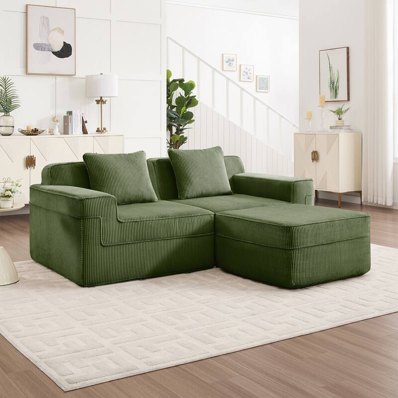 GDFStudio - Corduroy Modular 2-Seater 81.1" L-Shaped Cloud Sectional Loveseat Sofa with Ottoman