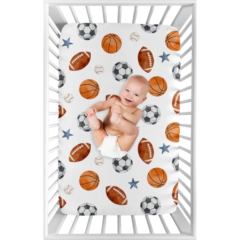 Sweet Jojo Designs Sports Theme Boy Fitted Mini Portable Crib Sheet Watercolor Vintage Soccer Balls Football Baseball Basketball