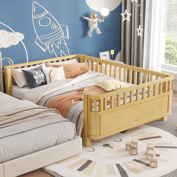 slide 2 of 44, Toddler Platform Bed with Fences Headboard Footboard and Removable Side Rails for Kids, Girls and Boys Wooden Daybed Natural - Full