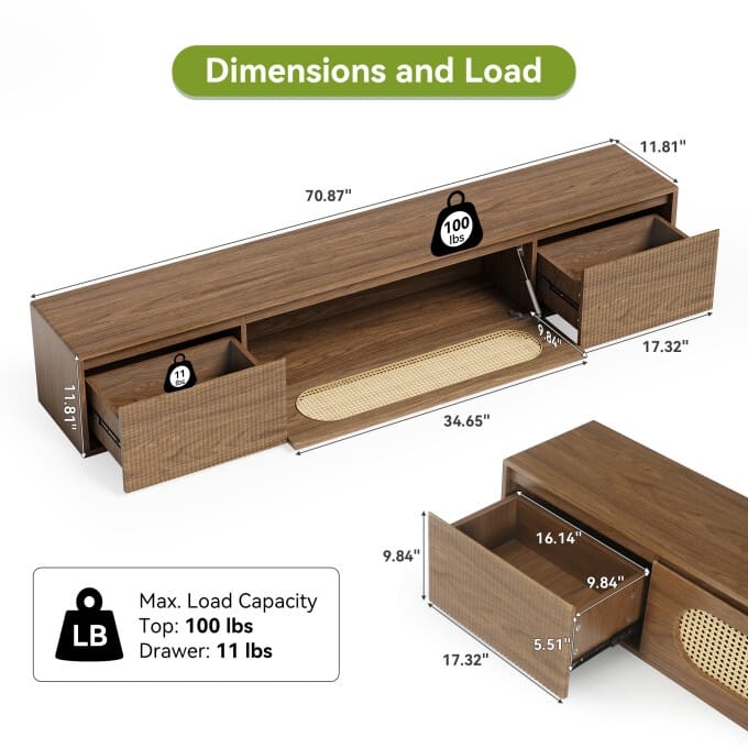 70.86'' Wooden Floating TV Stand, Wall-Mounted Entertainment Center
