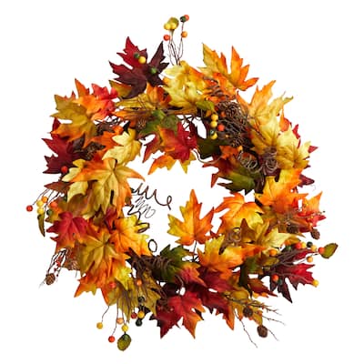 24" Autumn Maple Leaf and Berries Fall Wreath with Twig Base - 24