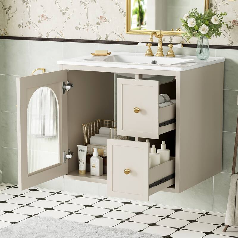 24" Wall-Mounted Bathroom Vanity with Ceramic Sink Combo, Floating Bathroom Storage Cabinet with Glass Doors & 2 Drawers
