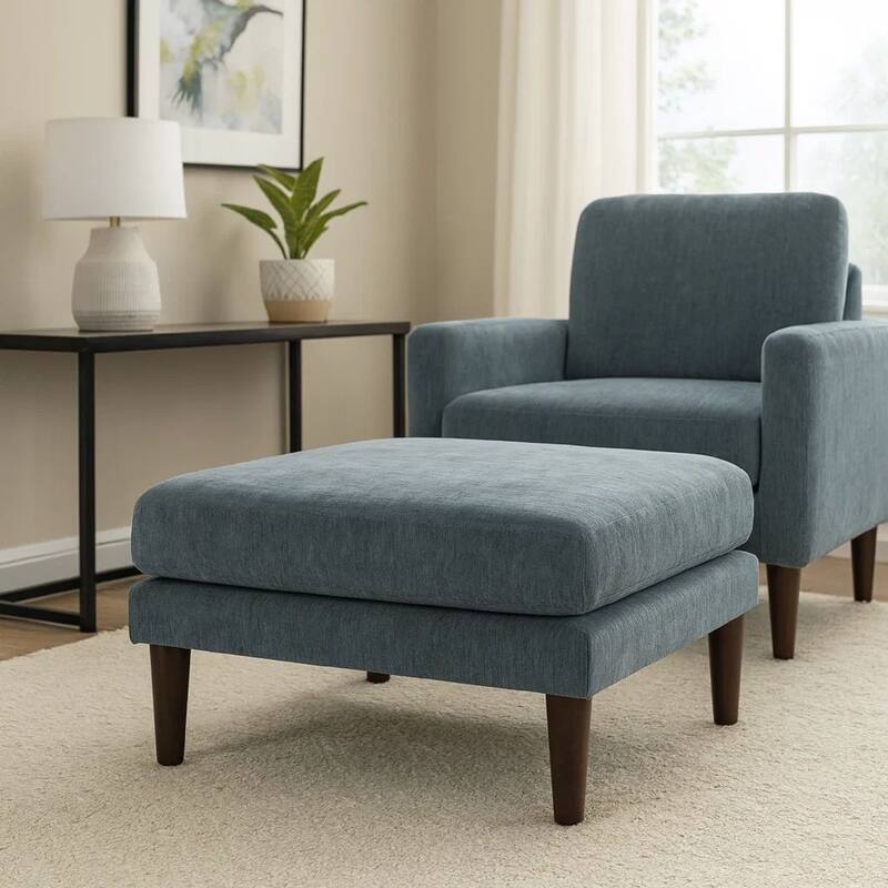 Rio 32 Inch Modular Ottoman, Box Cushion Seat, Wood Legs, Slate Blue Fabric