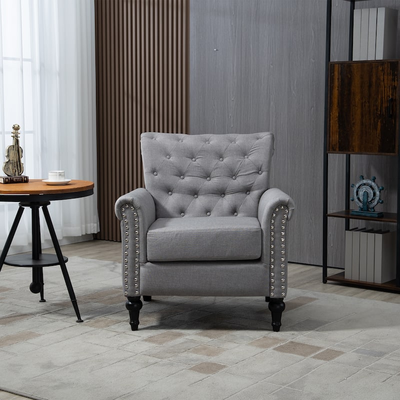 Linen Armchair w/Tufted Back/Wood Legs