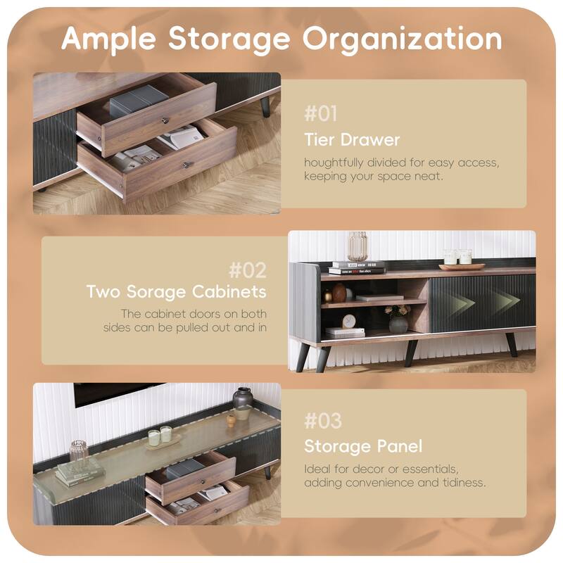 TV Stand Entertainment Console with Open Shelving and 2 Cabinets, Sliding Doors for TVs up to 70''