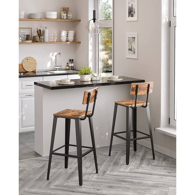 Rustic Brown Black Industrial Bar Stools Set of 2 with Backrest Footrest and Sturdy Metal Legs for Kitchen or Dining Area