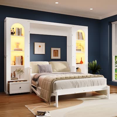 Queen Size Murphy Platform Bed with Storage Space and LED Lights by Harper&Bright Designs