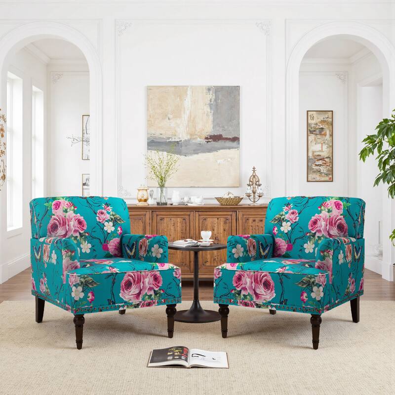 Set 2 Striped Upholstered Linen Armchair with Brass Nailhead Trim