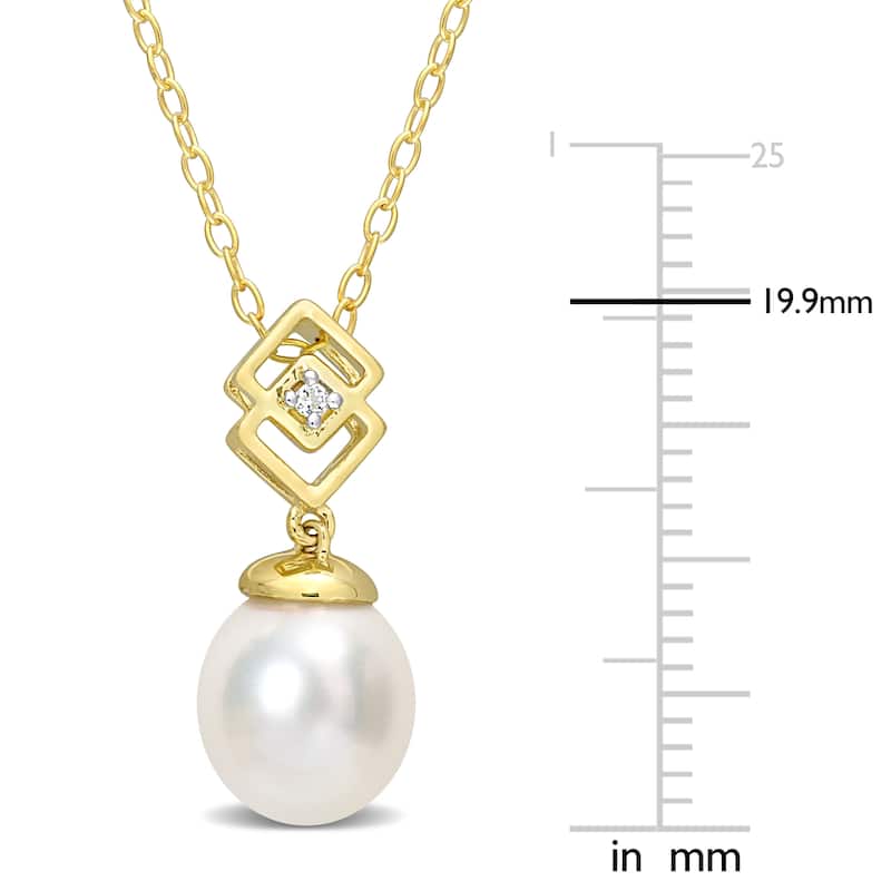 Miadora White Topaz and 8-9mm White South Sea Cultured Pearl Fashion Pendant with Chain Yellow Silver