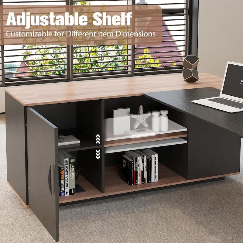 WESOME 63" Modern Executive Desk with 47" lateral File Cabinet, L-Shaped Desk with Storage Shelves and Doors