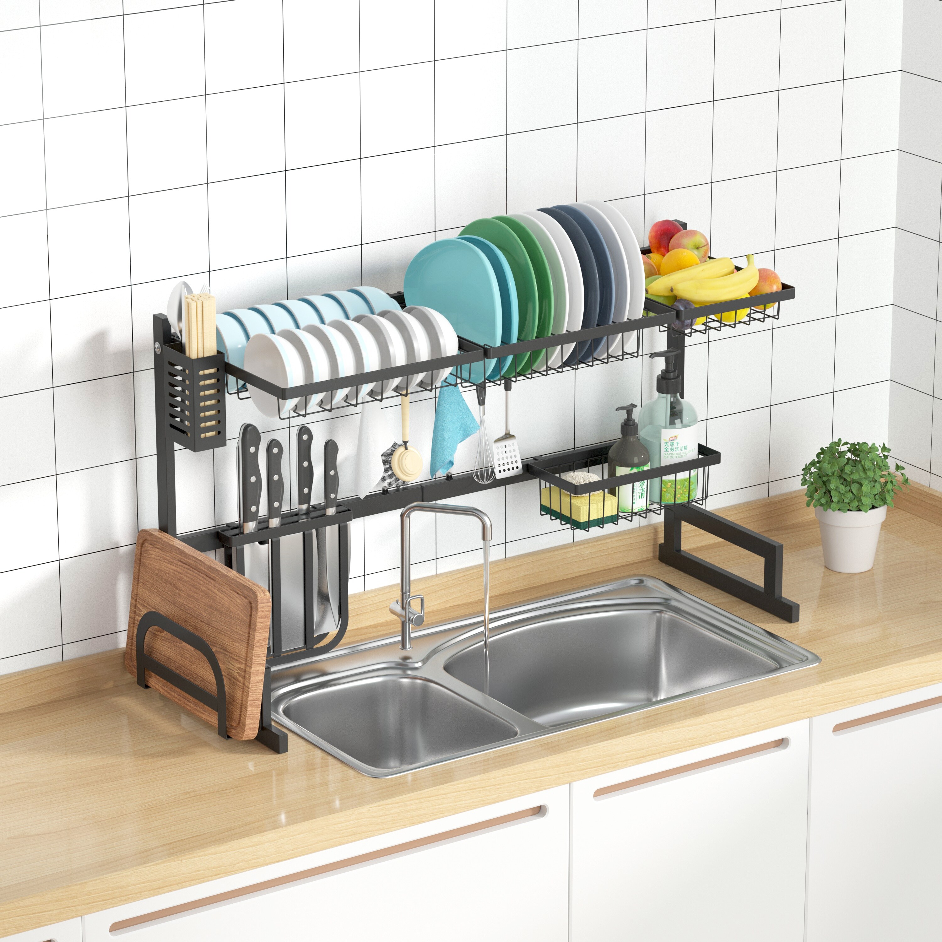 Adjustable Large Dish Drying Rack Metal Over the Sink Storage