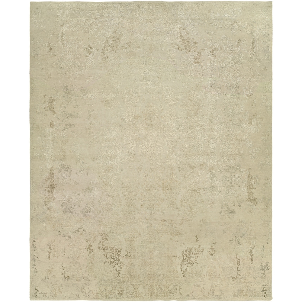 Transitional White Hand-Knotted Wool & Viscose Area Rug