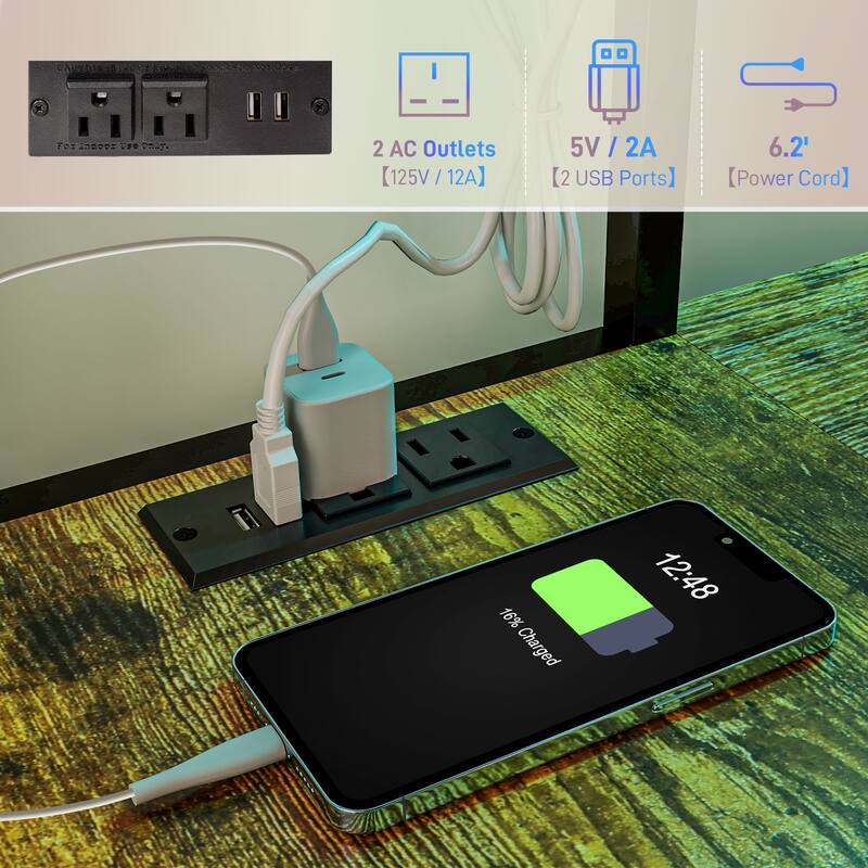 Twin Loft Bed with L Shaped Desk and RGB LED Lights, Steel Frame Bed with Guardrails USB AC Outlets