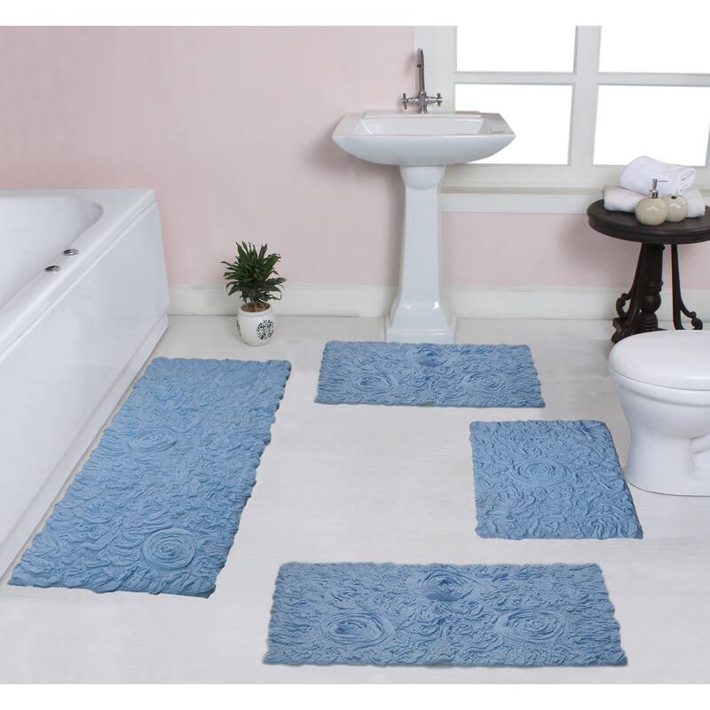 Home Weavers Modesto Collection 100% Cotton Bath Rug, Non-Slip Bath Rug, Extra Soft, Machine Wash, 4 Pcs Set with Runner - Sky Blue - 17"x24", 21"x34", 24"x40", 21"x54"