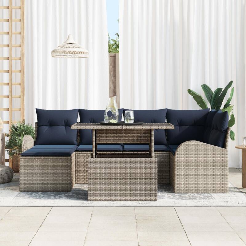 vidaXL 7 Garden Sofa Set with Cushions Black/Brown/Grey Poly Rattan - 92.1 x 48.8 x 27.2