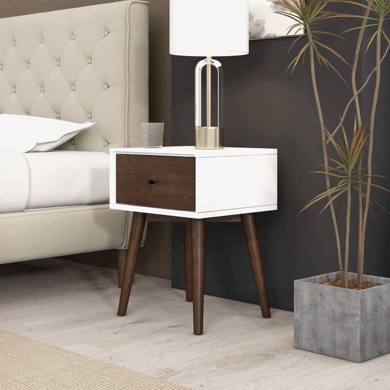 GDFStudio - Avery Mid-Century Modern Solid Wood Night Stand with 1 Drawer - Dark Brown,White