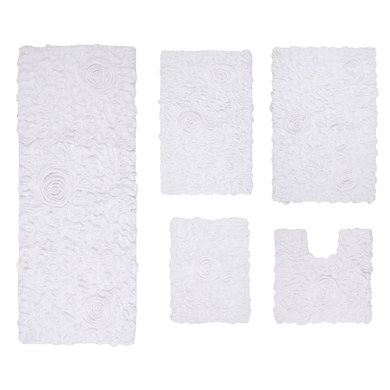 Bell Flower Collection 100% Cotton Non-Slip Bathroom Rug Set, Machine Washable Bath Rug, 5 Piece Bath Mat Set with Runner - White