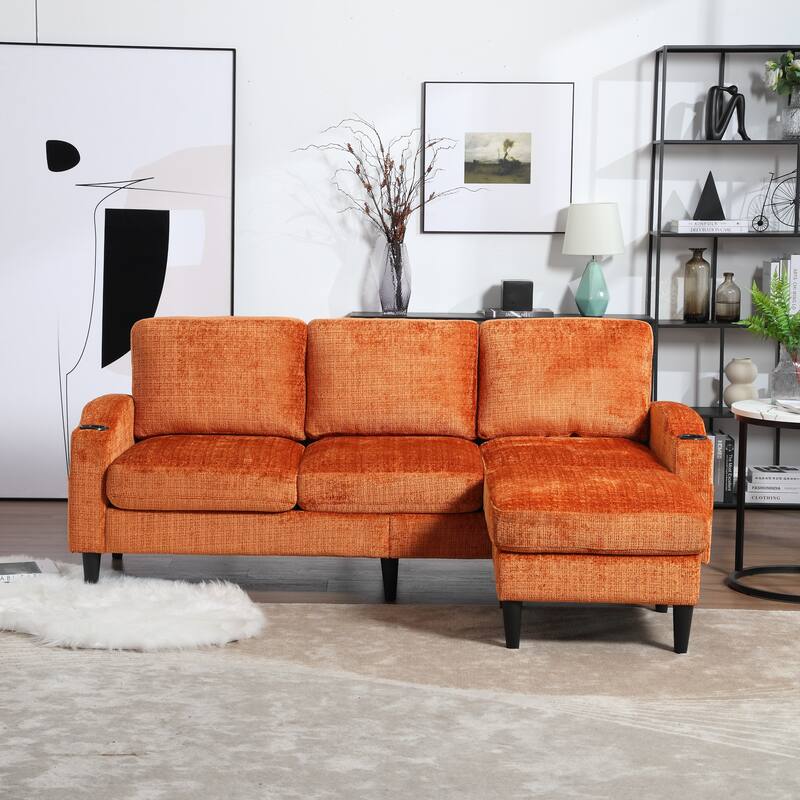 Modular Sectional Sofa with Storage Ottoman, Comfy Chenille Fabric Sofa, 3-Seater Sofa with Side Pockets & 2 Cup Holders