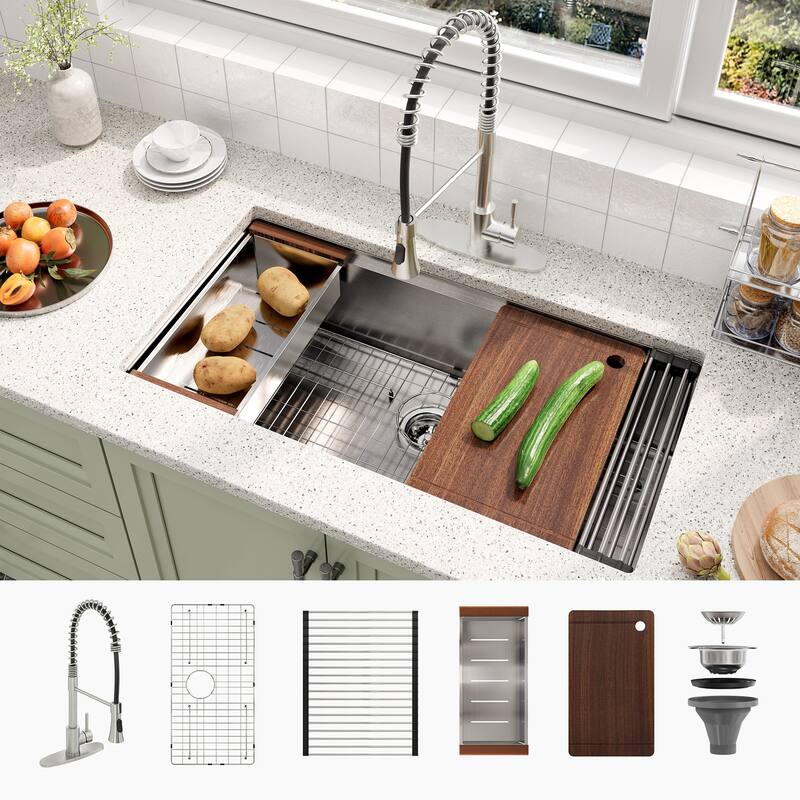 Undermount Single Bowl Nano Brushed Stainless Steel Workstation Kitchen Sink with Two-Function Kitchen Faucet and Accessories
