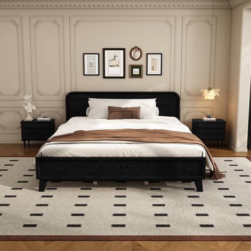 Classic Platform Bed Frame with Solid Pine Construction/Wood Bed Frame with Headboard Footboard/Wood Slat Support/Easy Assembly - Black - Queen